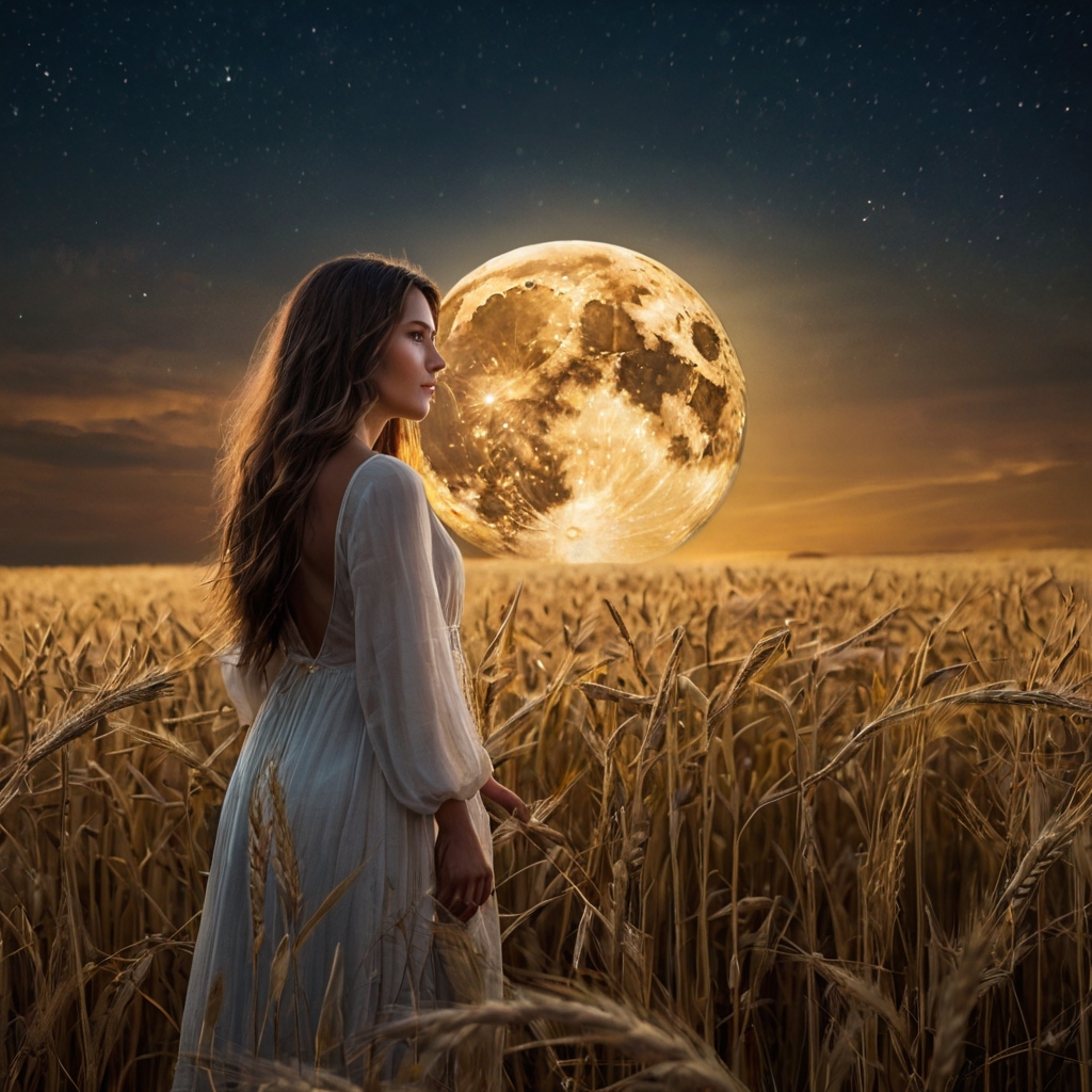a woman in a white dress in a wheat field with a full moon in the background