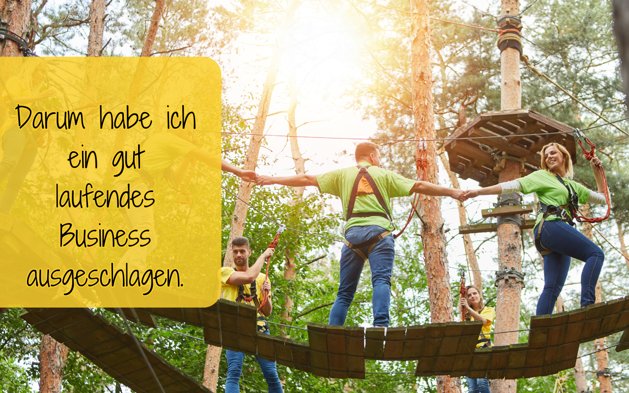 a group of people on a rope bridge